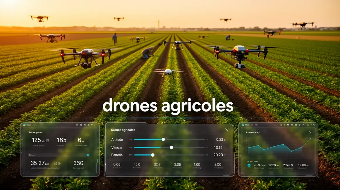 Vue de drones agricoles survolant un champ avec tableau de controle numerique