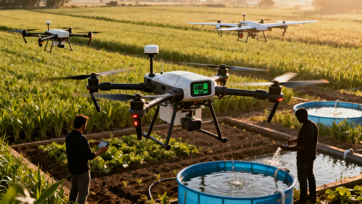 Gros plan sur drones agricoles multirotors et voilure fixe au-dessus d'une parcelle