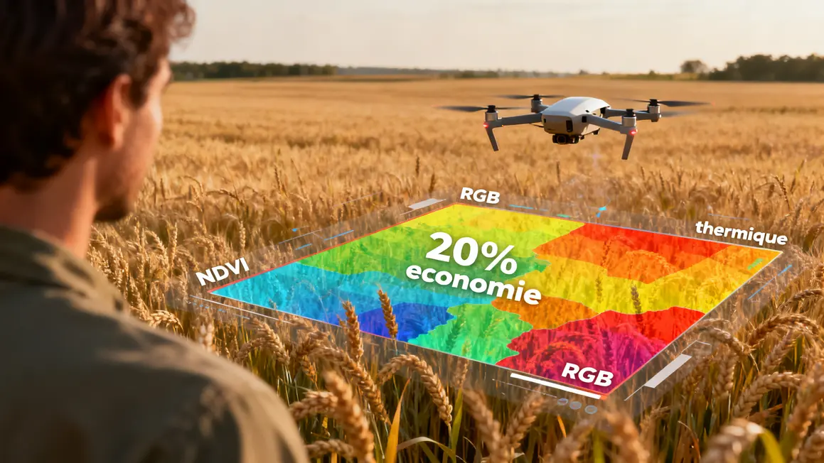 Drone agricole survolant une culture avec cartes NDVI en surimpression