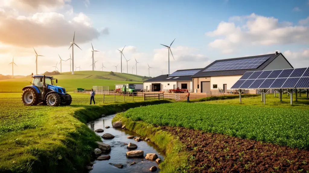 Paysage rural 2026 avec fermes, panneaux solaires, eoliennes et ecologie energie