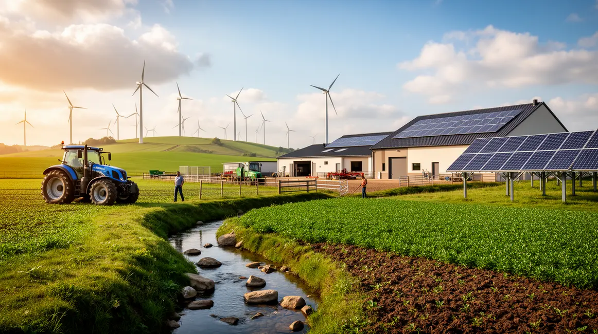 Paysage rural 2026 avec fermes, panneaux solaires, eoliennes et ecologie energie