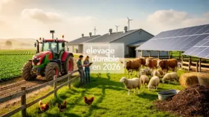 Scene elevage durable 2026 ferme moderne animaux en prairie tracteurs connectes panneaux solaires