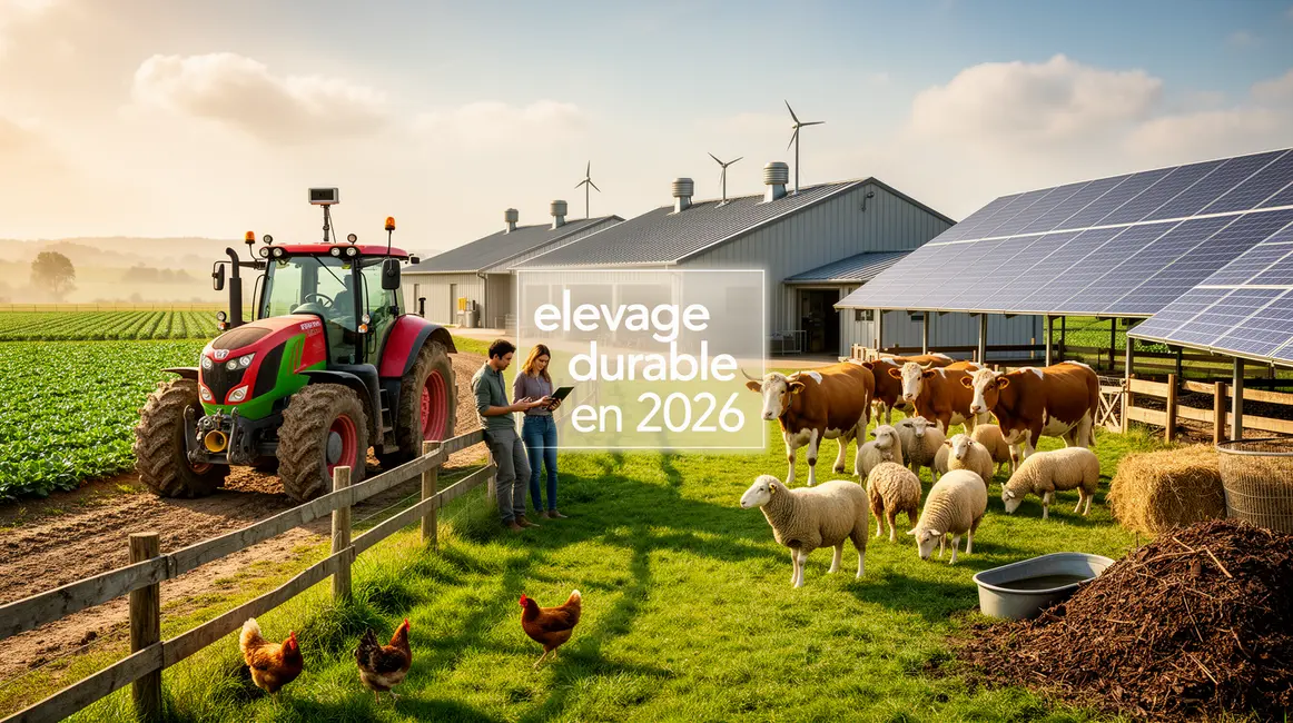 Scene elevage durable 2026 ferme moderne animaux en prairie tracteurs connectes panneaux solaires