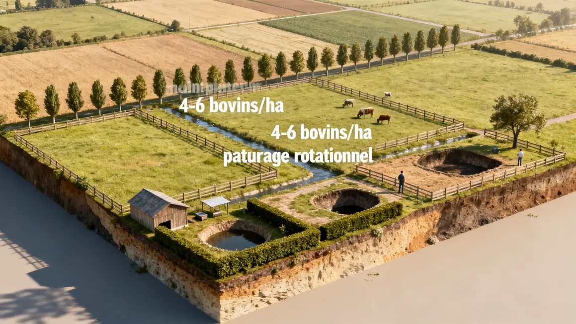 Elevage durable terrain rural clotures paturage rotationnel bovins haies abris