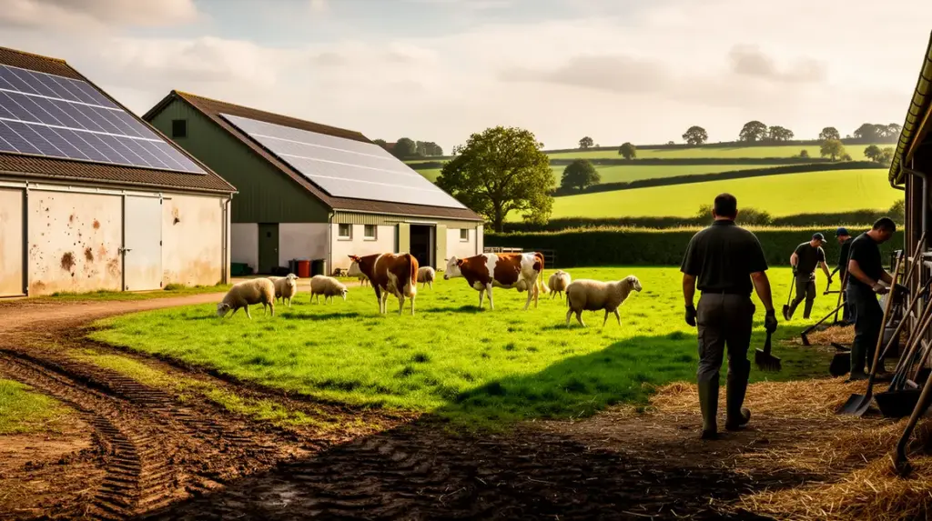 Ferme moderne elevage durable panneaux solaires animaux prairie