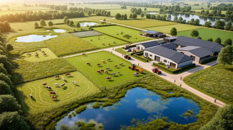 Image ferme durable moderne vue du ciel avec prairies, zones humides, troupeaux