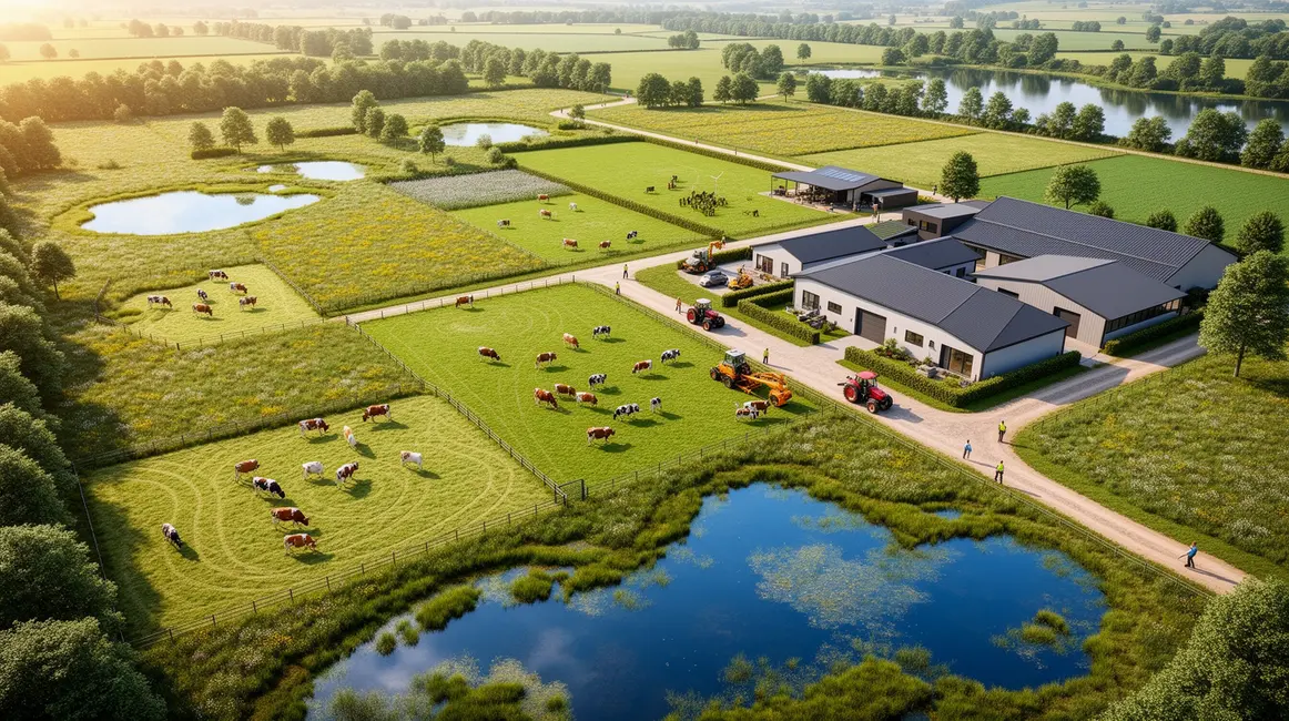 Image ferme durable moderne vue du ciel avec prairies, zones humides, troupeaux