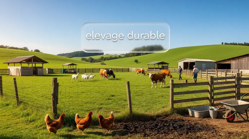 Vue elevage durable ferme panoramique poules chevres vaches abris clotures