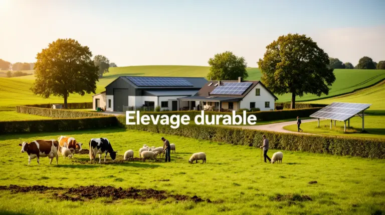 Scene d'elevage durable avec animaux, haies et energie solaire