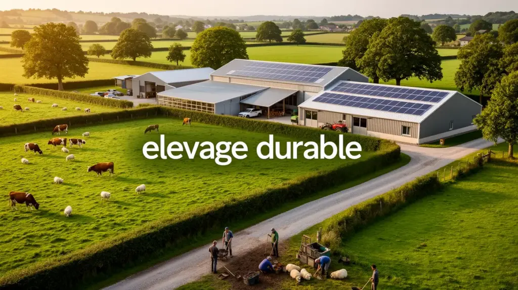 Panorama ferme elevage durable, animaux, haies, panneau solaire, agriculteurs