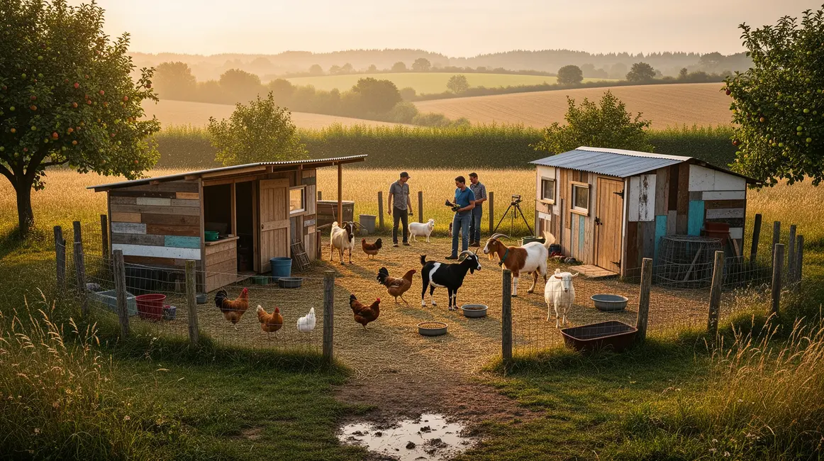 petite ferme elevage durable poules chevres abris recuperation paysage