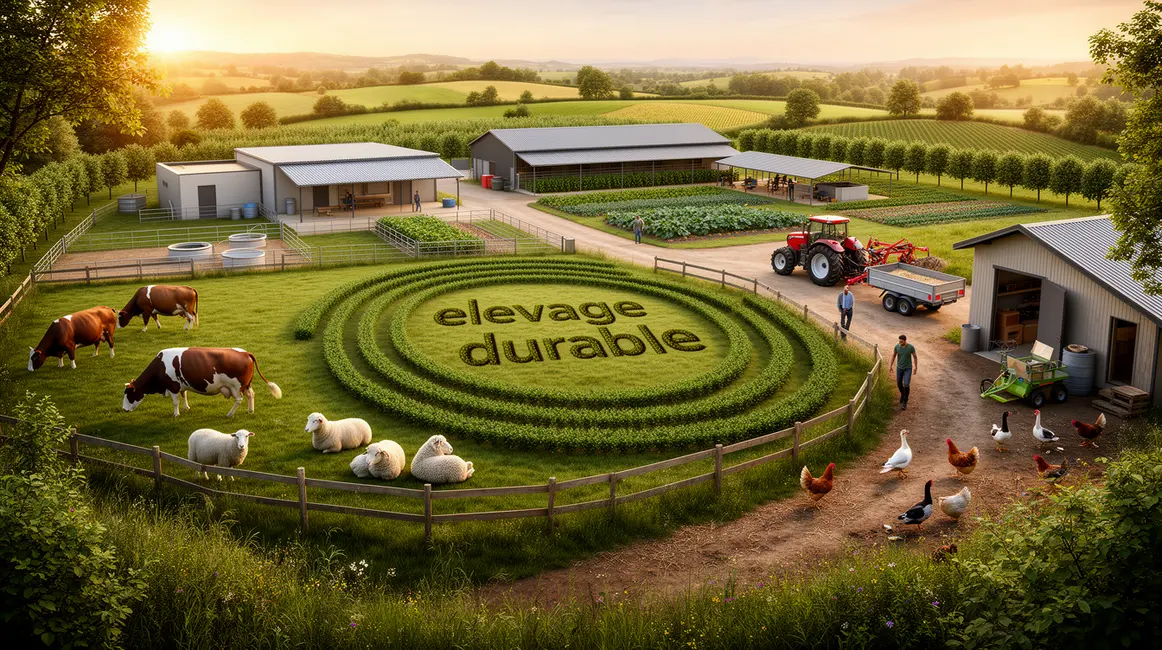 panorama elevage durable ferme moderne animaux divers vegetation