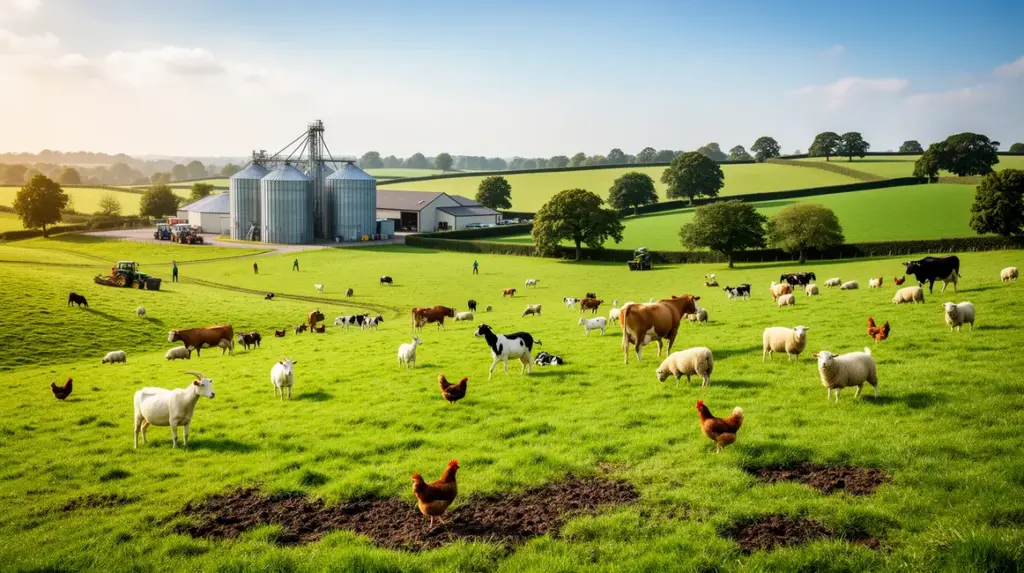 Image paysagère elevage durable, animaux sur prairies, silos et arbres