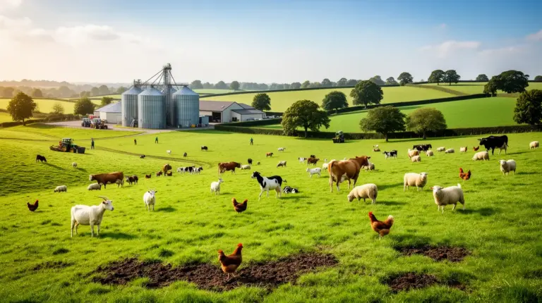 Image paysagère elevage durable, animaux sur prairies, silos et arbres