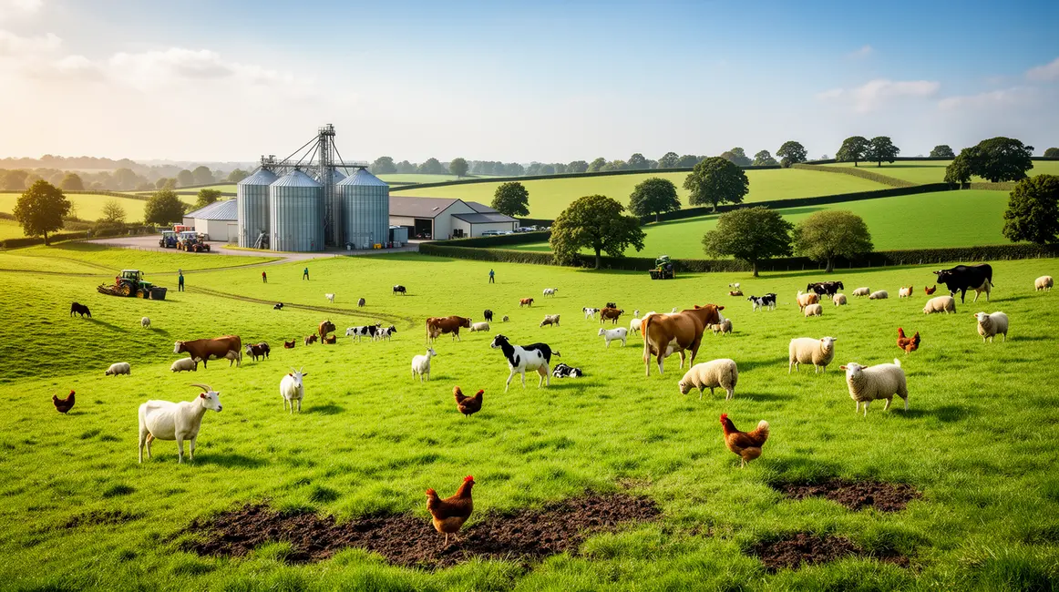 Image paysagère elevage durable, animaux sur prairies, silos et arbres