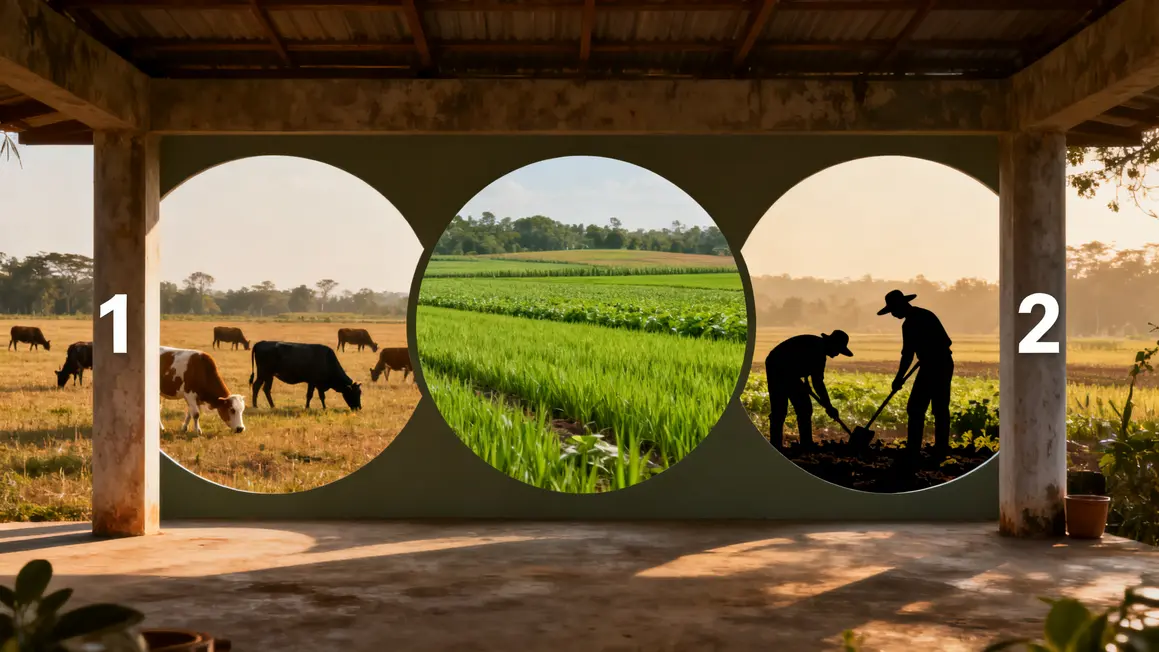 Schema trois piliers elevage durable, animaux, champs, agriculteurs