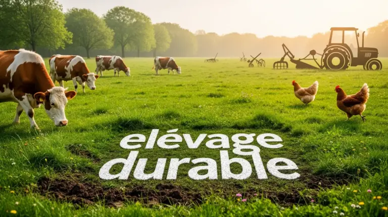 Prairie avec vaches poules tracteur elevage durable