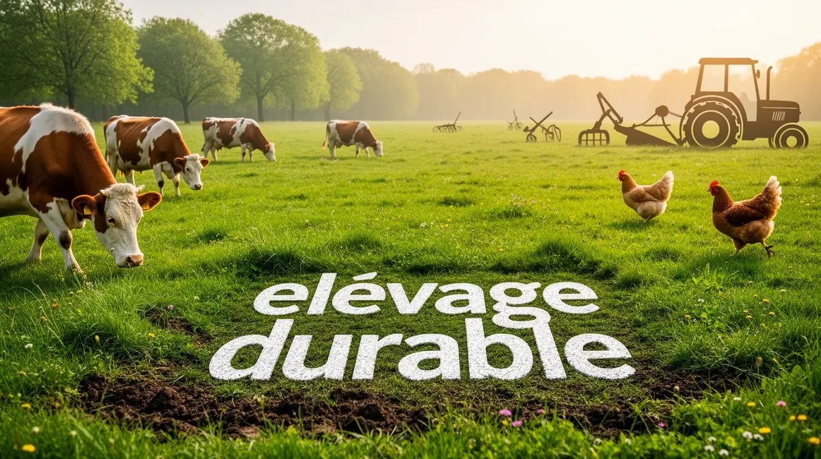 Prairie avec vaches poules tracteur elevage durable