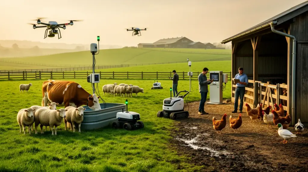 Elevage en 2026 moderne paysage rural animaux technologie