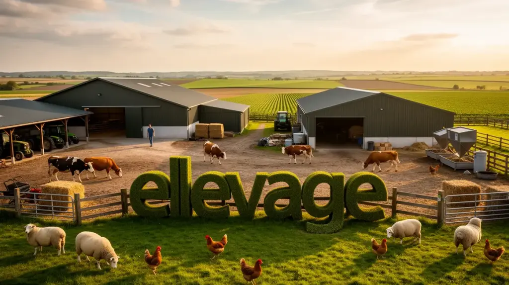 Elevation ferme moderne animaux divers panorama champs batiments