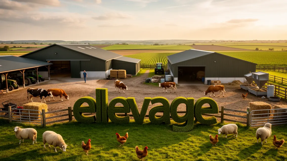 Elevation ferme moderne animaux divers panorama champs batiments