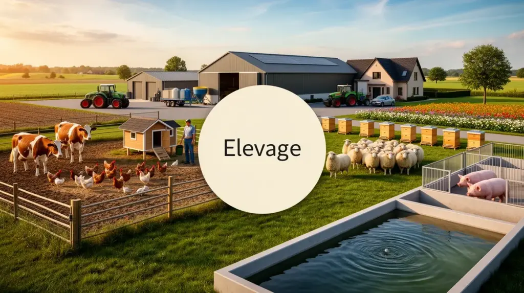 Vue ferme moderne elevage animaux vaches poules moutons porcs ruches bassins