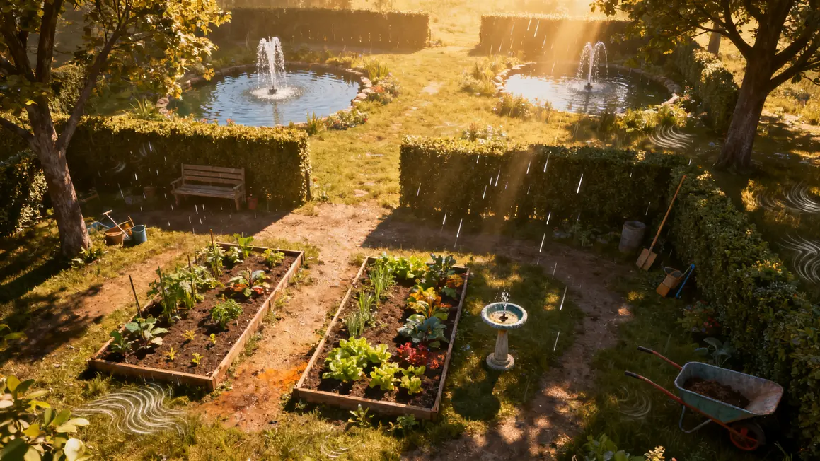 Vue aérienne potager bio zones soleil ombre points eau haies brise-vent