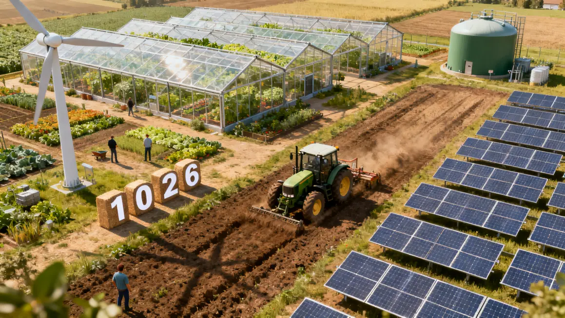 Exploitation agricole avec serres solaires, methanisation et energies renouvelables 2026