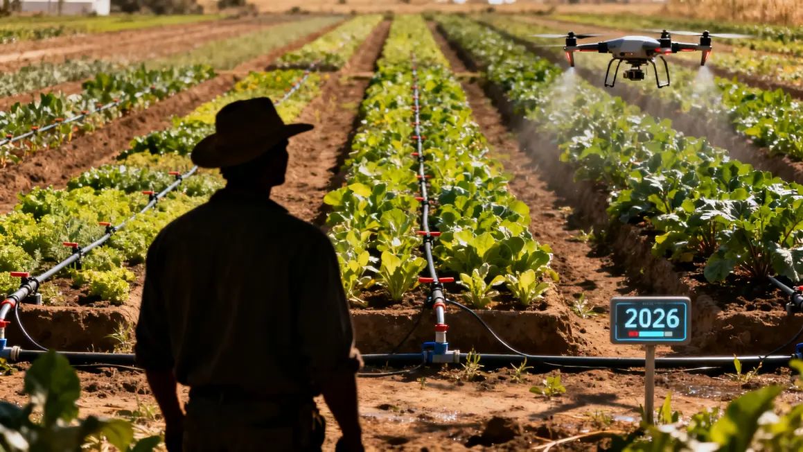 Agriculteur devant parcelles 2026 irrigation drone