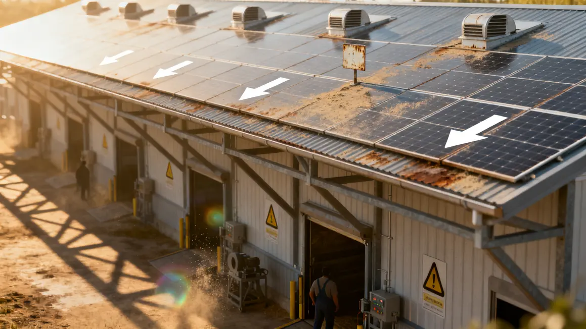 Coupe bâtiment agricole avec panneaux solaires, ventilation, état toiture, passages machines