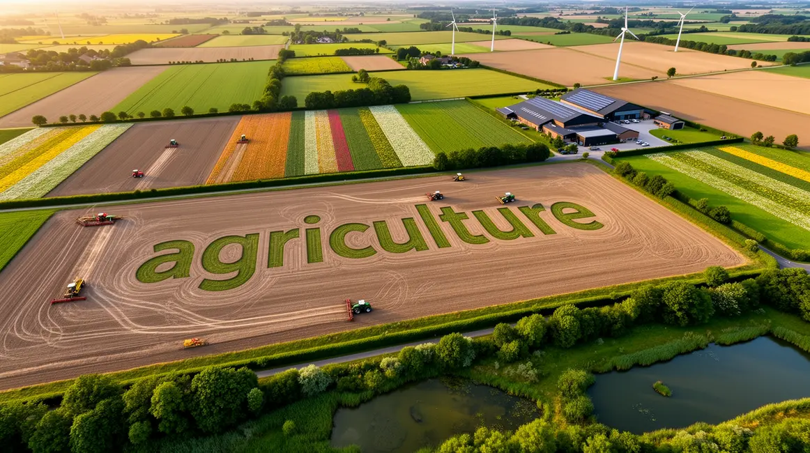 Vue aerienne exploitation agricole moderne diversifiee 2026