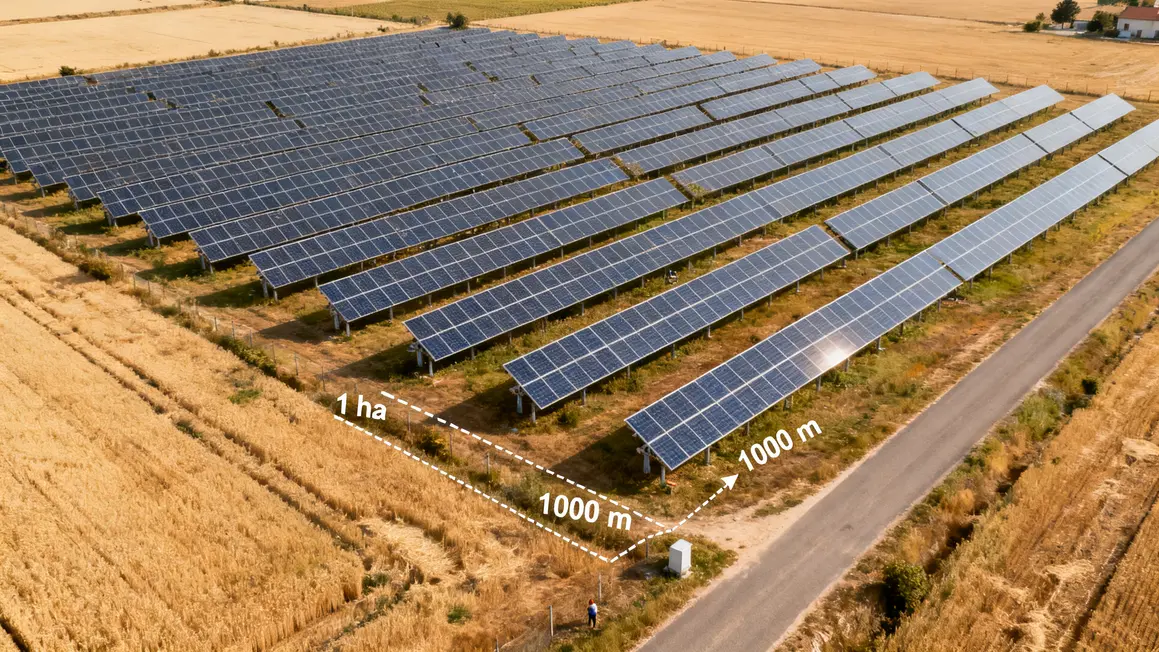 Terrain agricole plat avec panneaux solaires orientés sud et accès réseau proche