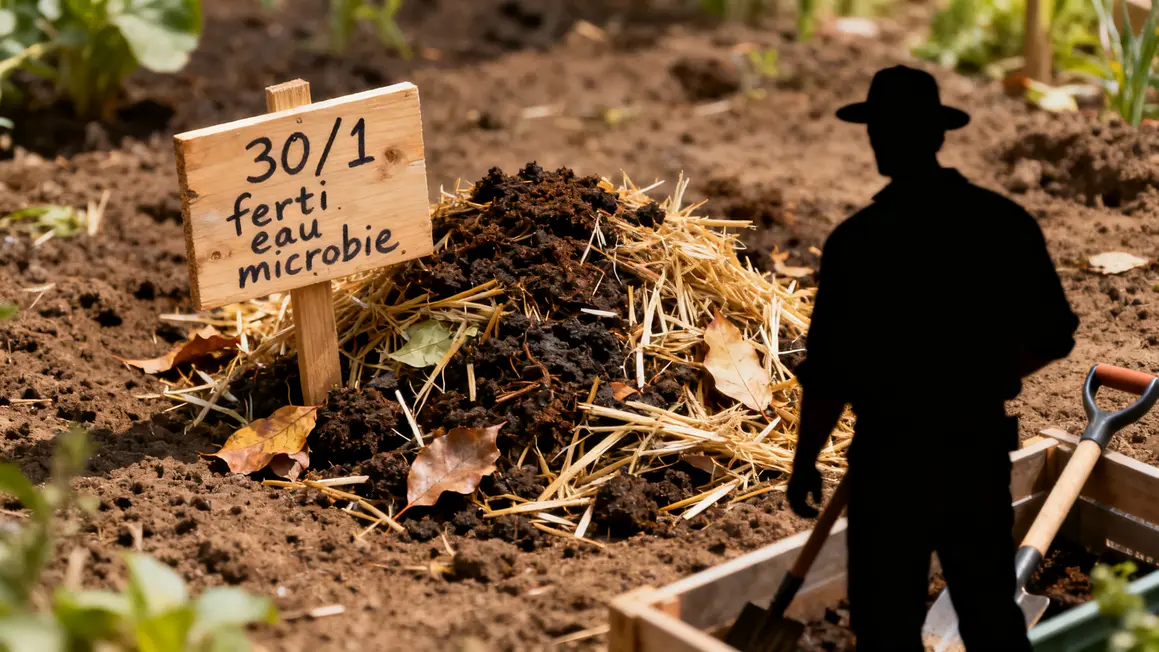 tas de compost sur sol naturel avec panneau et outils