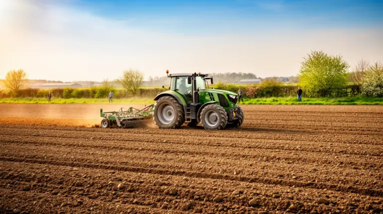herse rotative travaillant sol au champ avec tracteur moderne