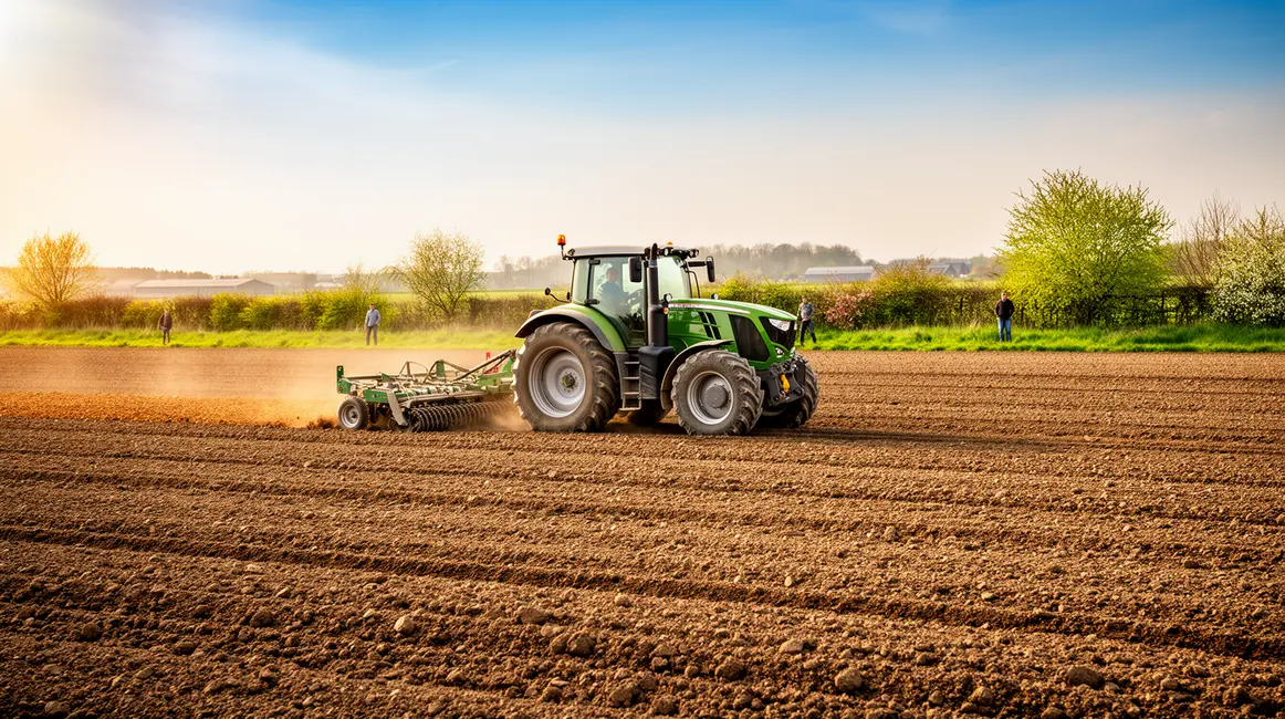 herse rotative travaillant sol au champ avec tracteur moderne