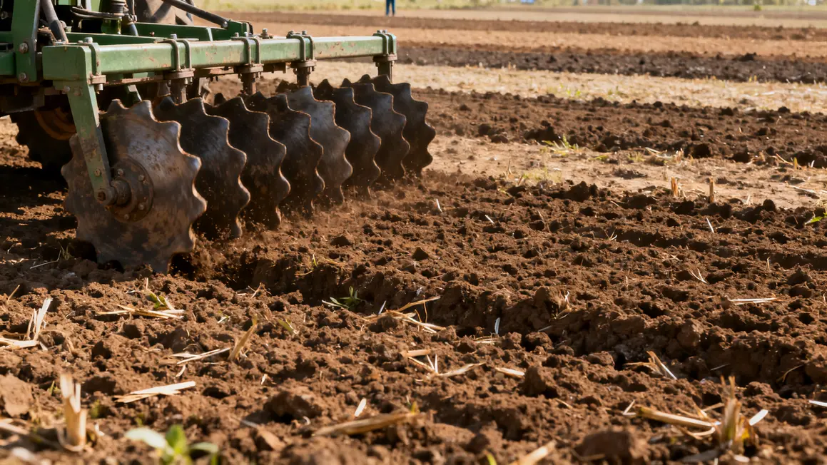 herse rotative vue de cote sur sol préparé