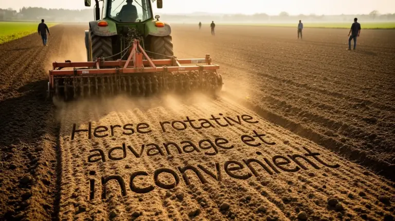Tracteur avec herse rotative sur champ, préparation du sol, texte inscrit