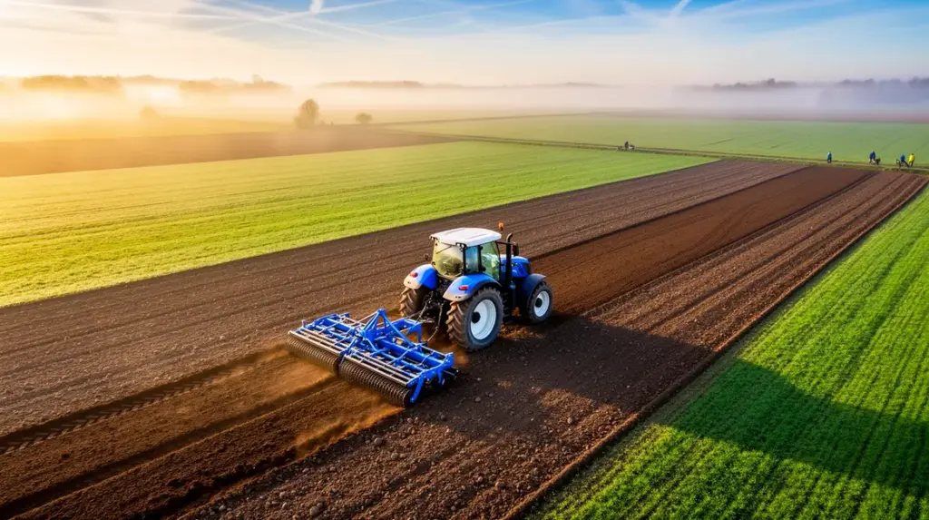 herse rotative en action sur parcelle agricole