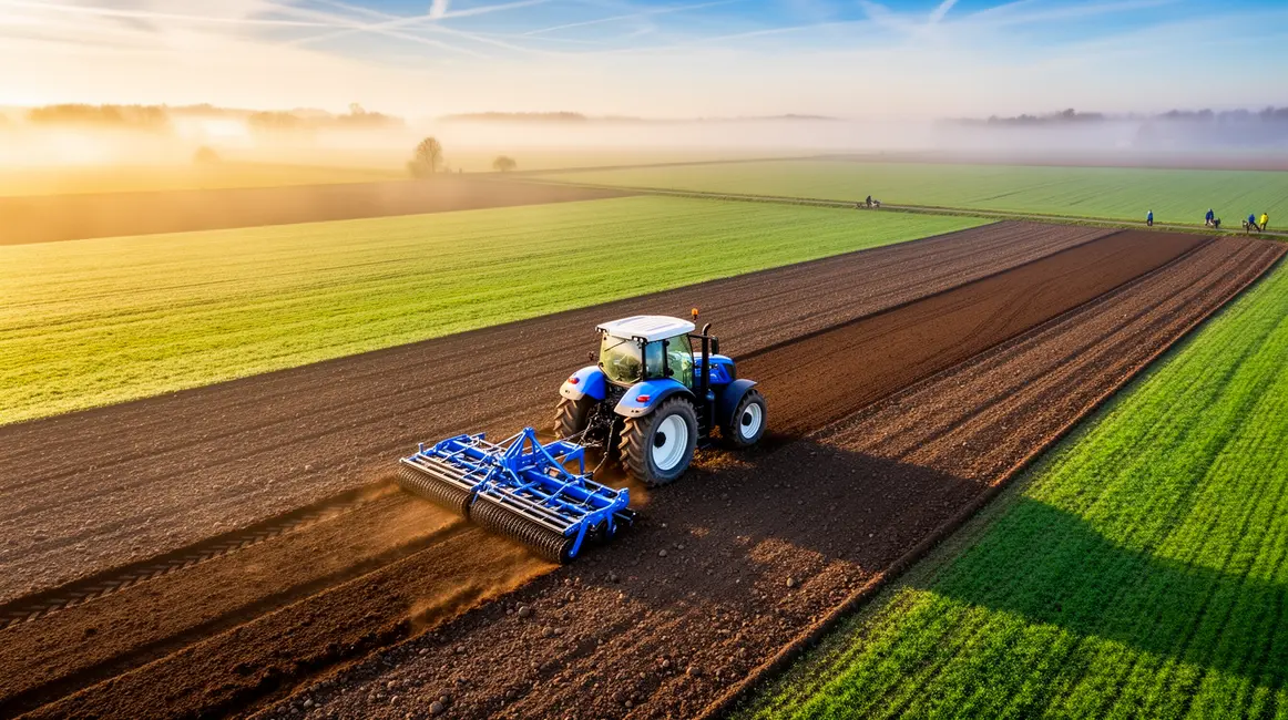 herse rotative en action sur parcelle agricole