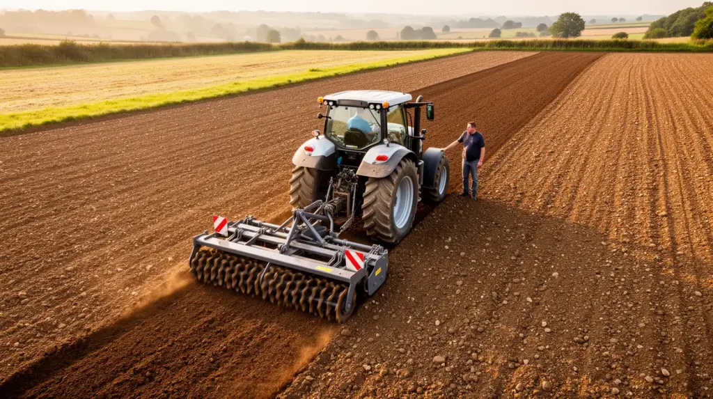 herse rotative agricole sur sol prepare vue drone