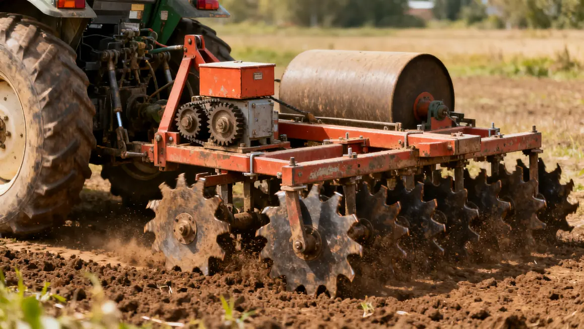 Zoom sur rotors, rouleau et engrenages de herse rotative