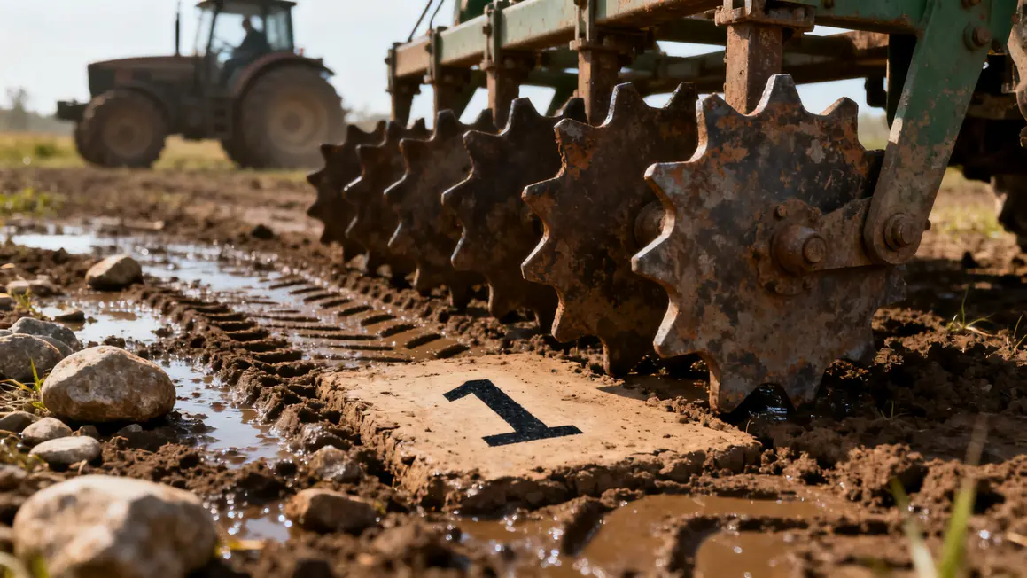 Herse rotative dents usées, traces de tassement sur terrain humide