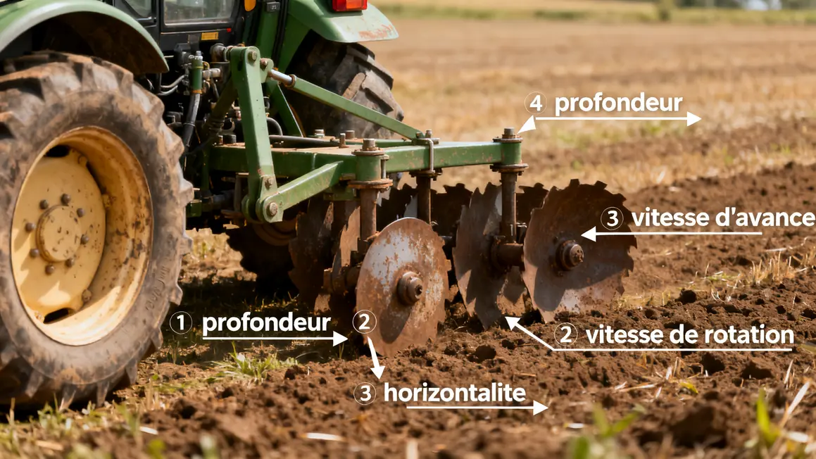 herse rotative réglages profondeur vitesse horizontalité