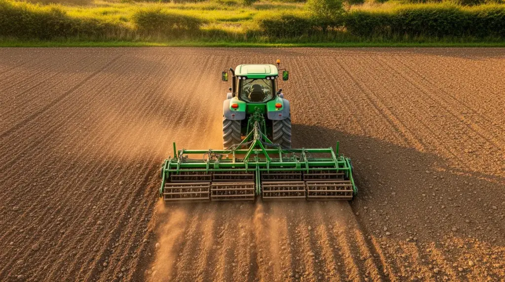 Tracteur avec herse rotative sur sol aeré et homogene