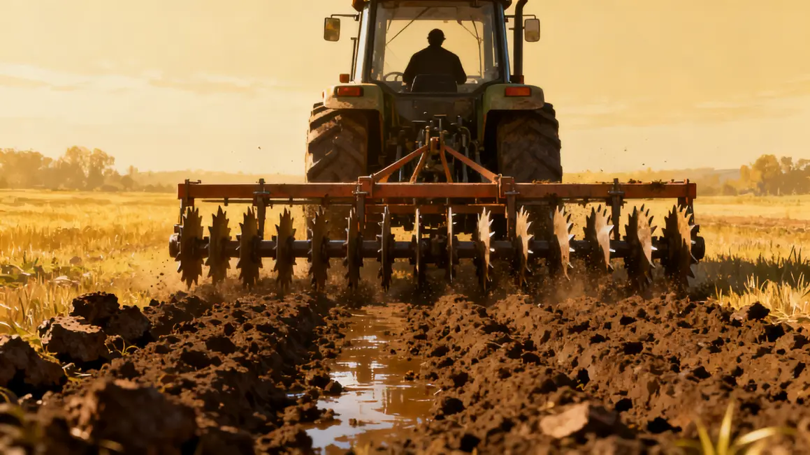 herse rotative attelée tracteur sur champ humide