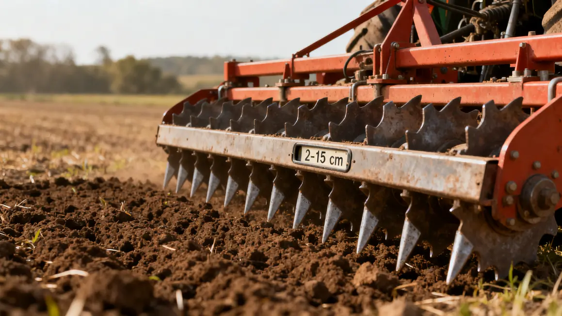 Herse rotative déployée sur sol nivelé, profondeur 2-15 cm