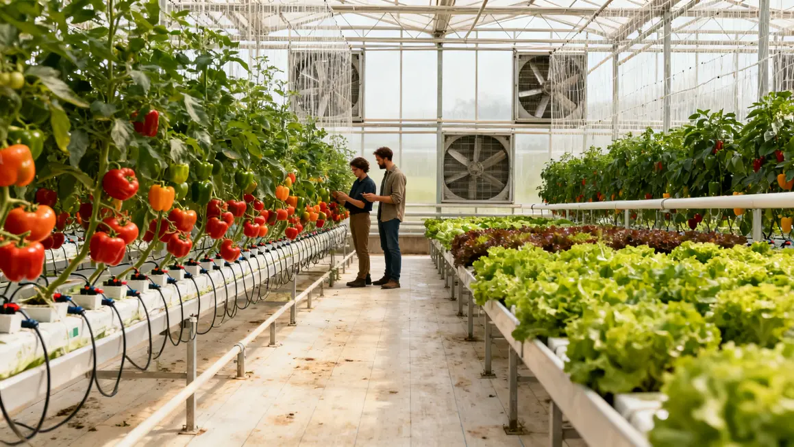 Intérieur serre maraîchère professionnelle rangs légumes