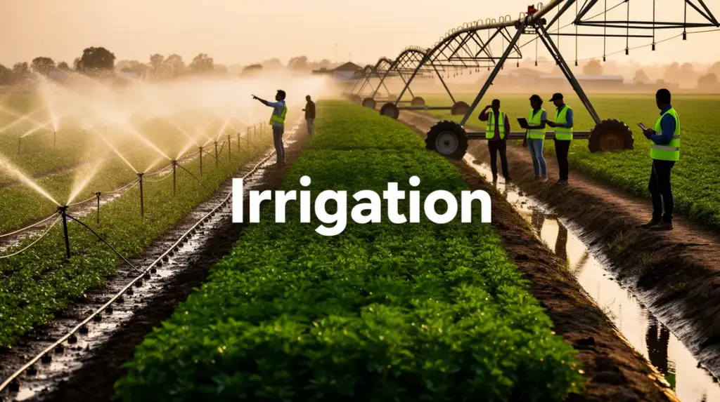 champ avec irrigation moderne aspersion goutte-a-goutte pivot gravitaire