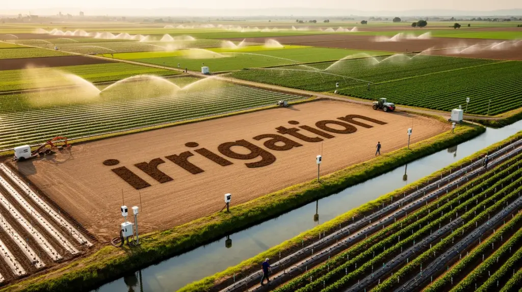 Paysage agricole avec irrigation moderne et équipements connectés