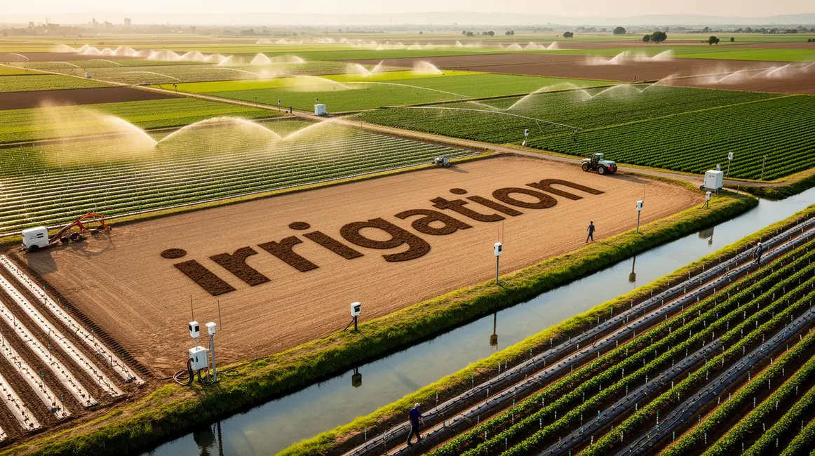 Paysage agricole avec irrigation moderne et équipements connectés